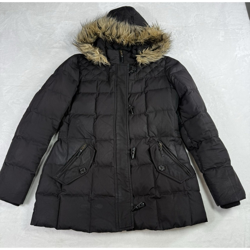Lauren Ralph Lauren Puffer Down Jacket Womens Small‎ Black Quilted Fur Trim Hood